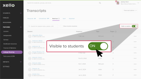 The Transcripts section in Xello with the Matched tab open. The Visible to students toggle is switched to ON